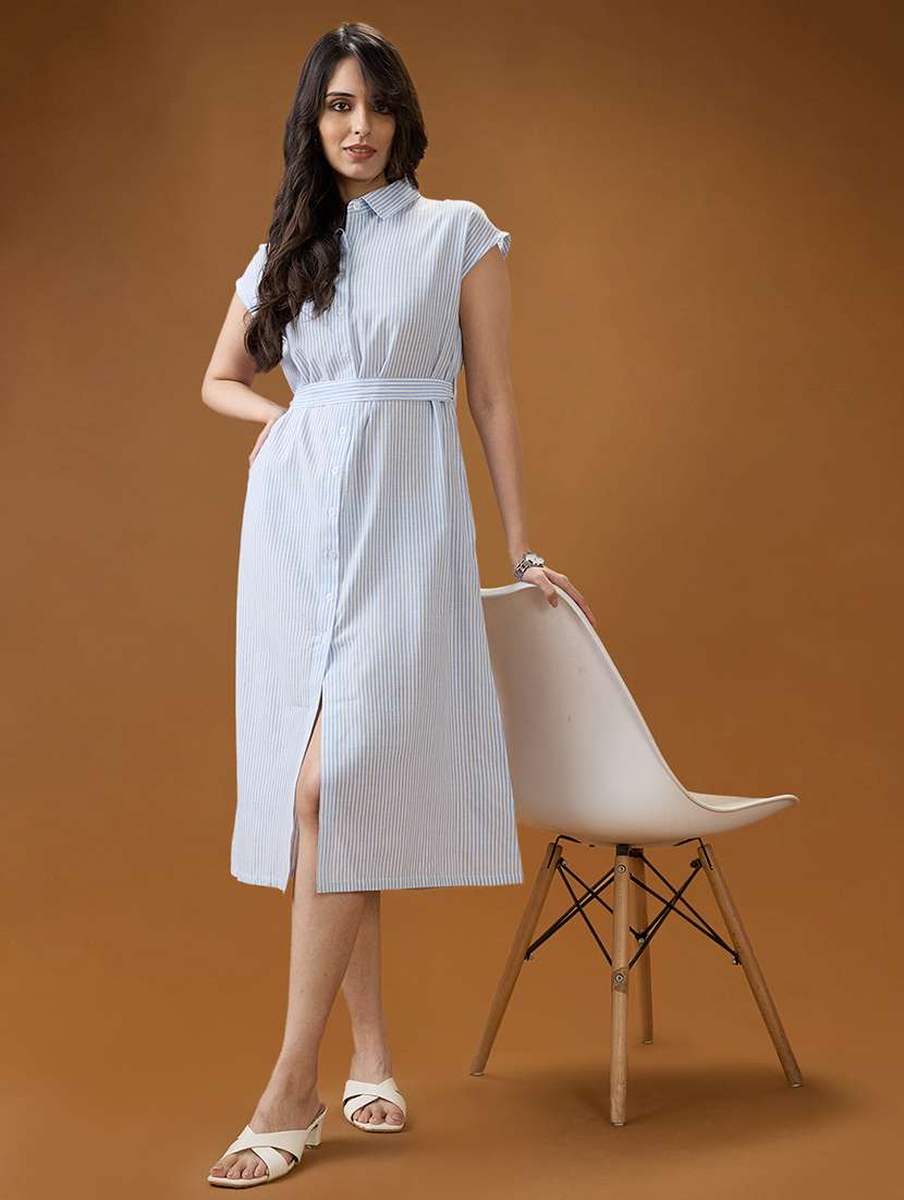 globus women blue collared neck extended sleeves striped midi workwear shirt dress with belt