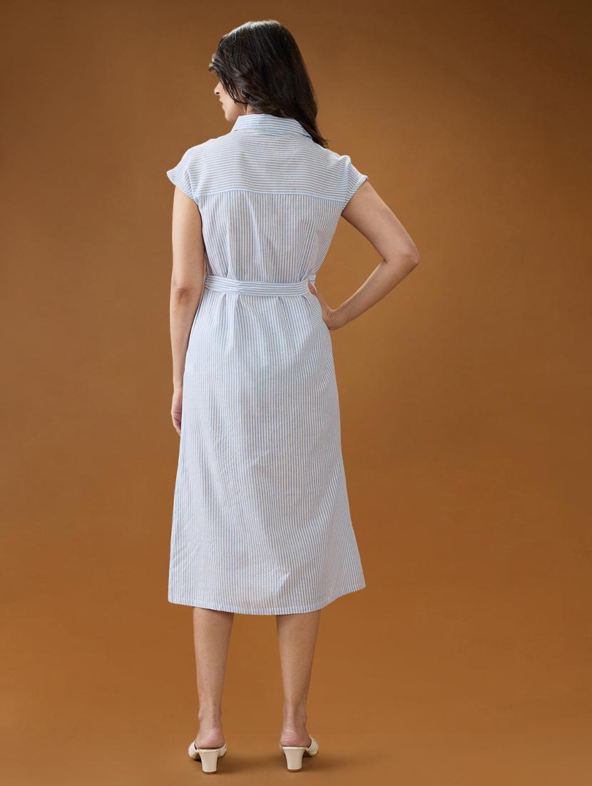 globus women blue collared neck extended sleeves striped midi workwear shirt dress with belt - 21994554 - Standard Image - 2