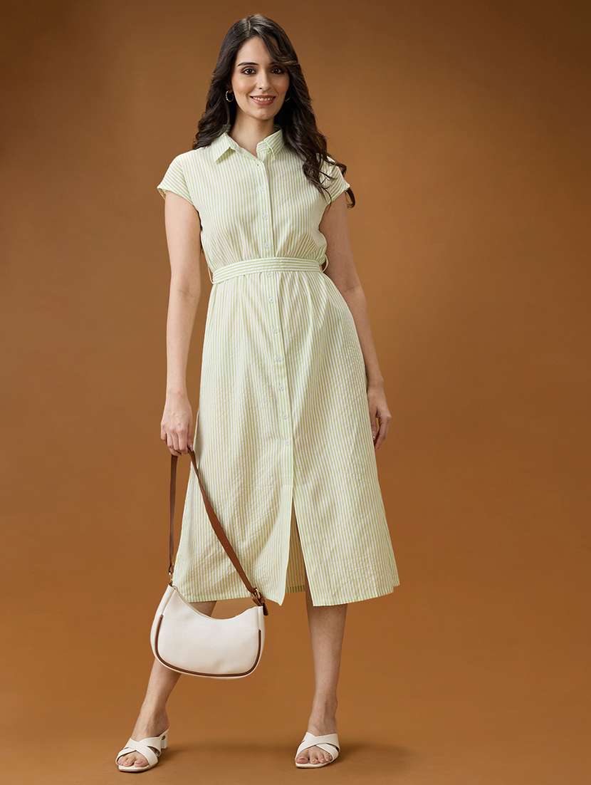 women striped globus women green collared neck extended sleeves striped midi workwear shirt dress with belt belted shirt dress