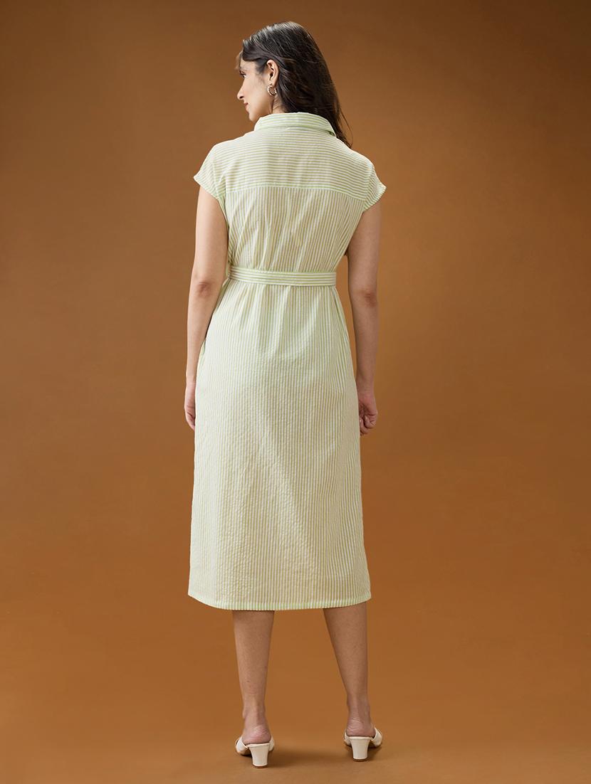 women striped globus women green collared neck extended sleeves striped midi workwear shirt dress with belt belted shirt dress - 21994555 - Standard Image - 2