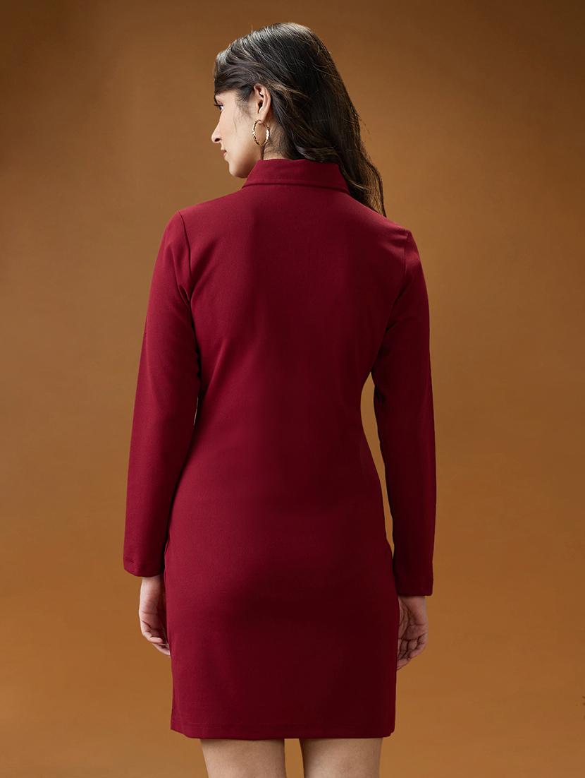 globus women maroon shirt collar long sleeves solid mini bodycon workwear dress - 21994556 - Standard Image - 2