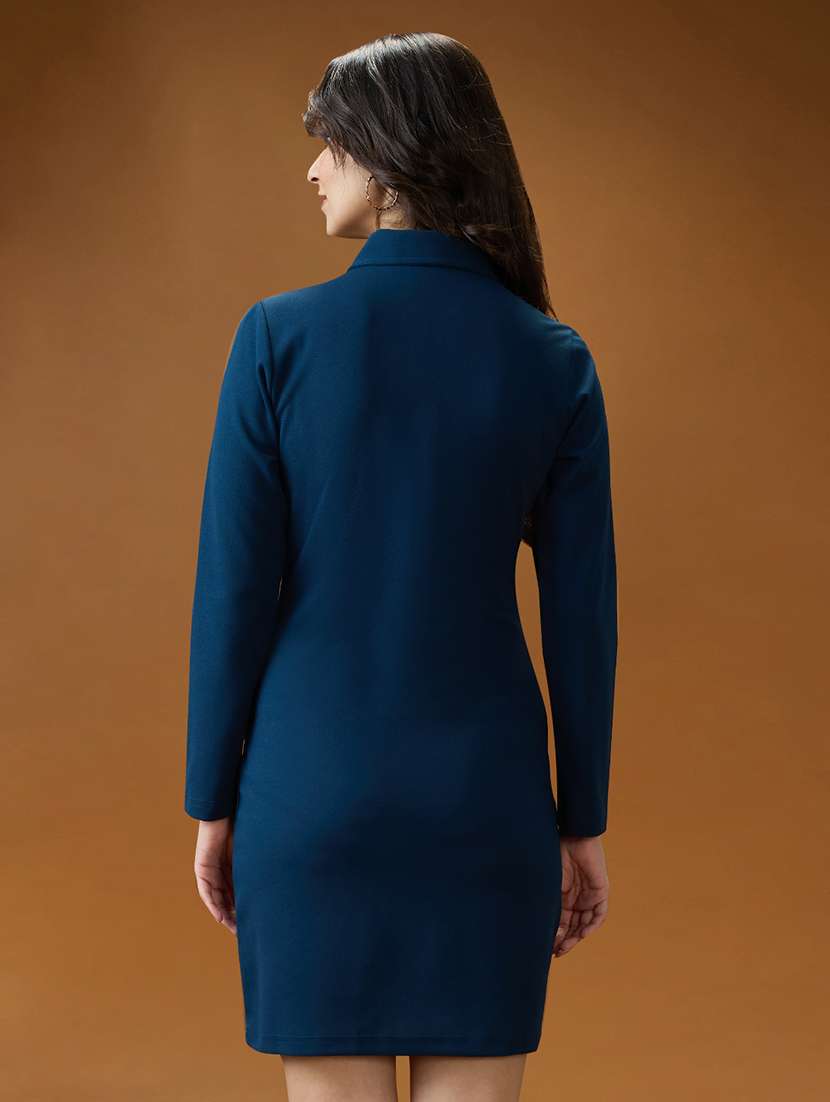 globus women blue shirt collar long sleeves solid mini bodycon workwear dress - 21994557 - Standard Image - 2