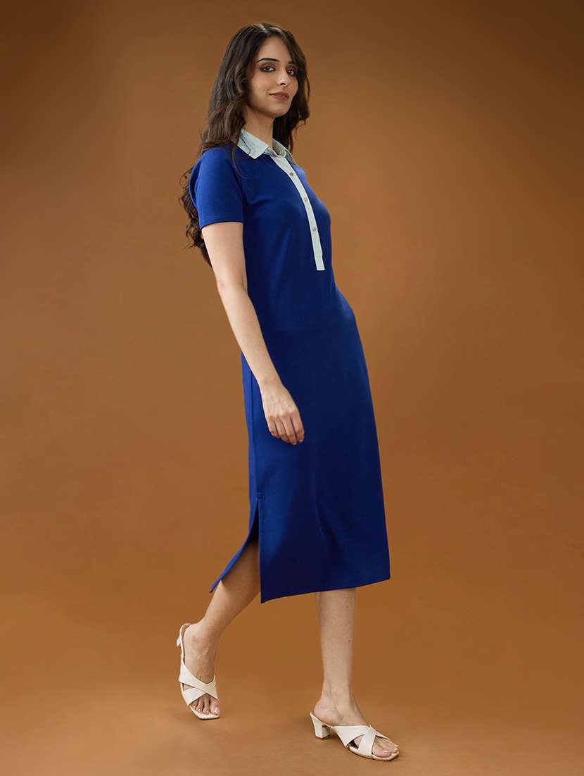 globus women blue collared neck short sleeves solid side slits midi workwear shirt dress - 21994558 -  Standard Image - 2