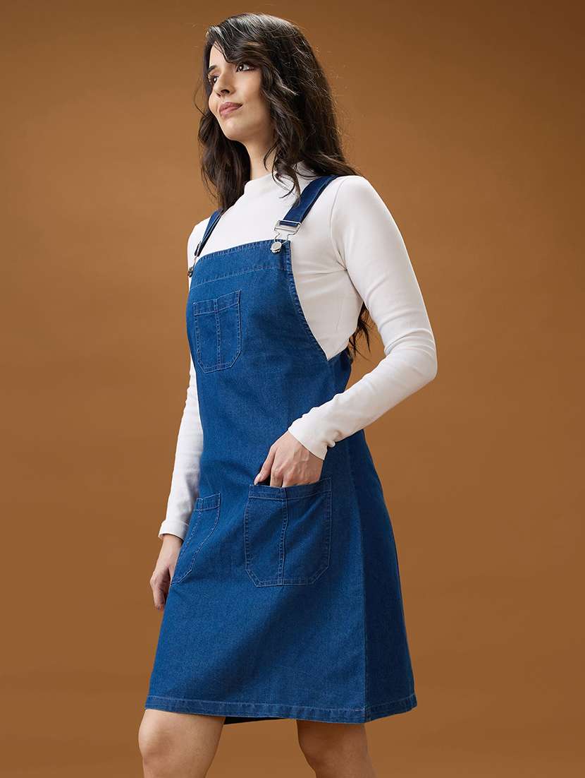 globus women med blue square neck strappy shoulder solid pocket detail above knee dungaree dress - 21994561 - Standard Image - 2