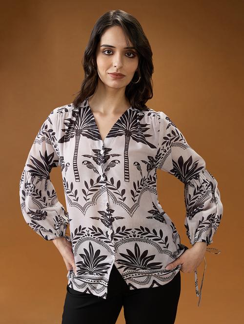 globus women black & white tribal print v-neck bishop sleeves shirt style top - 21994563 - Standard Image - 0