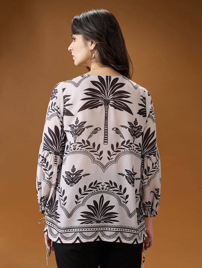 globus women black & white tribal print v-neck bishop sleeves shirt style top - 21994563 - Standard Image - 2