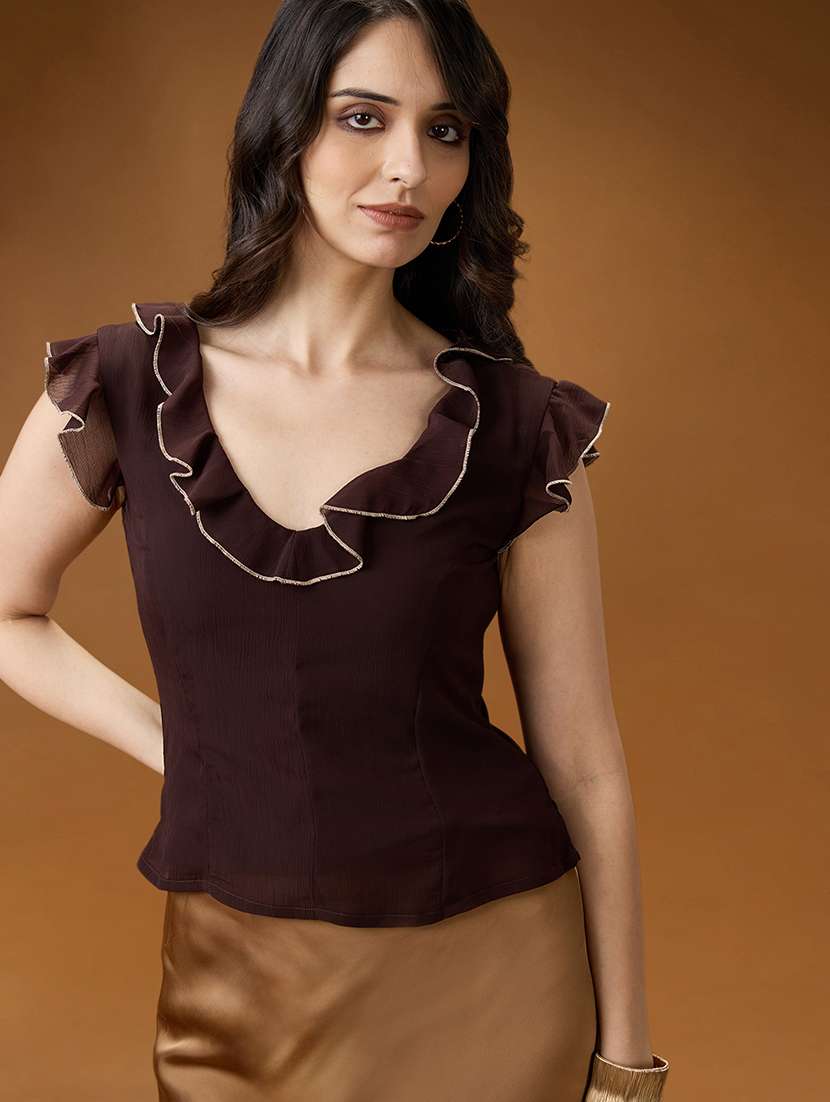 globus women brown flared sleeves v-neck ruffle contrast piping detail chiffon top - 21994564 -  Standard Image - 2
