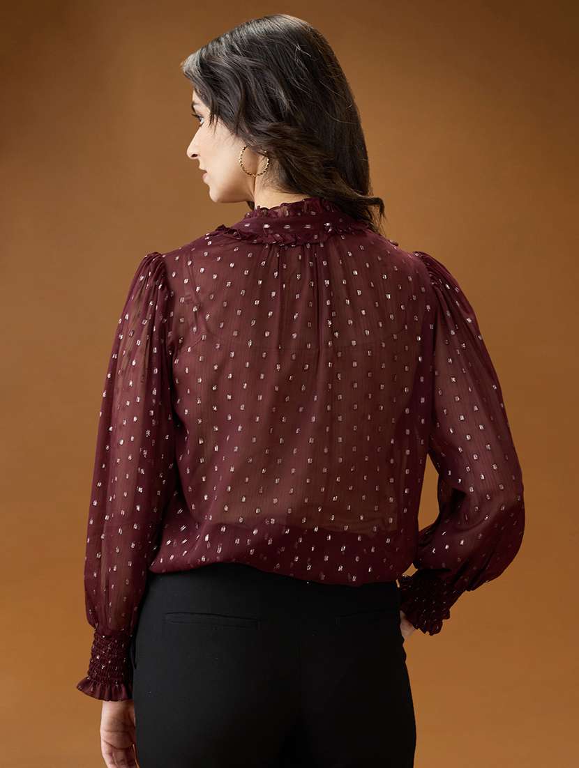 globus women maroon frilled neck bishop sleeves lurex detail georgette shirt style top - 21994565 -  Standard Image - 2