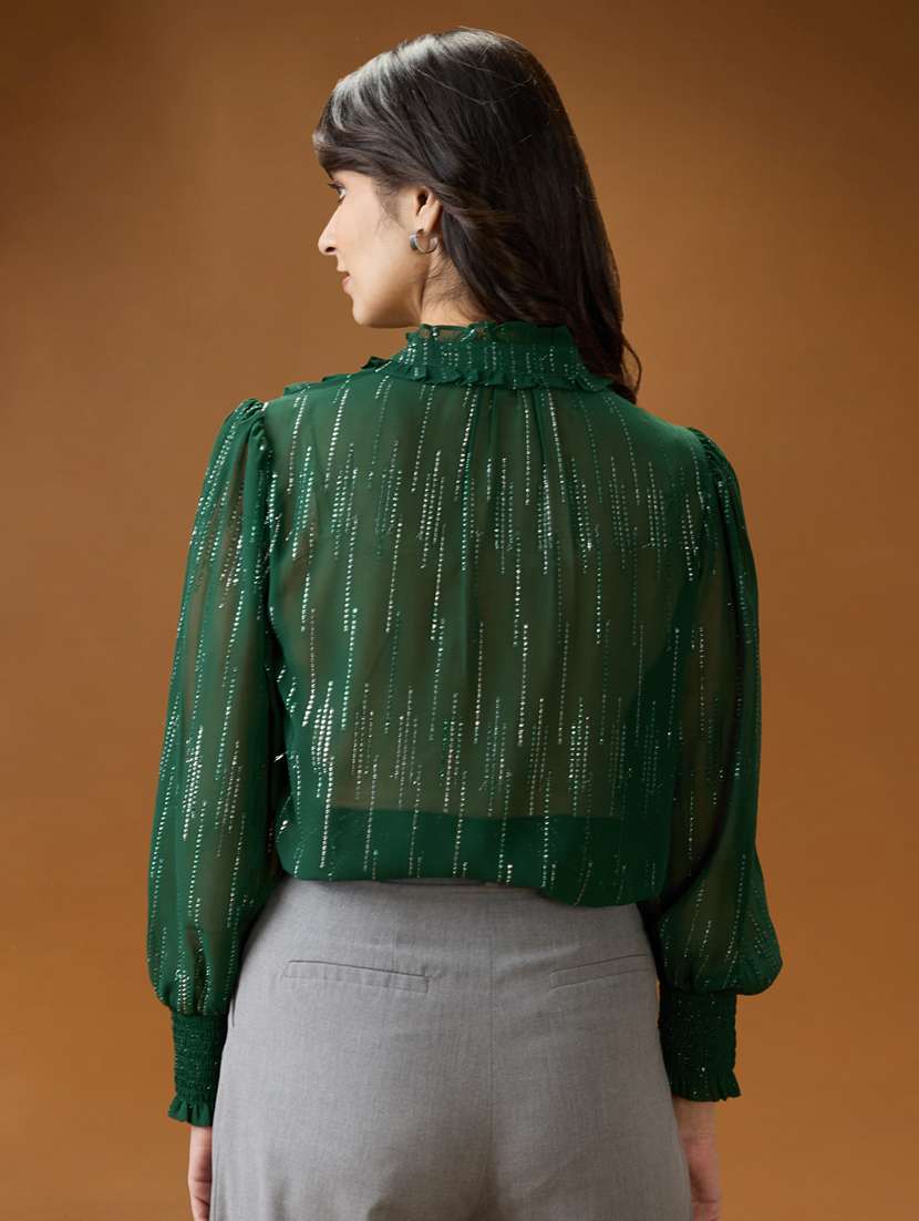 globus women green frilled neck bishop sleeves sequinned detail georgette shirt style top - 21994566 -  Standard Image - 2