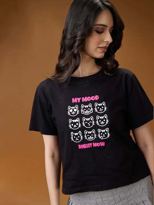 globus women black graphic print round neck short sleeves cotton oversized t-shirt - 21994570 -  Standard Image - 0