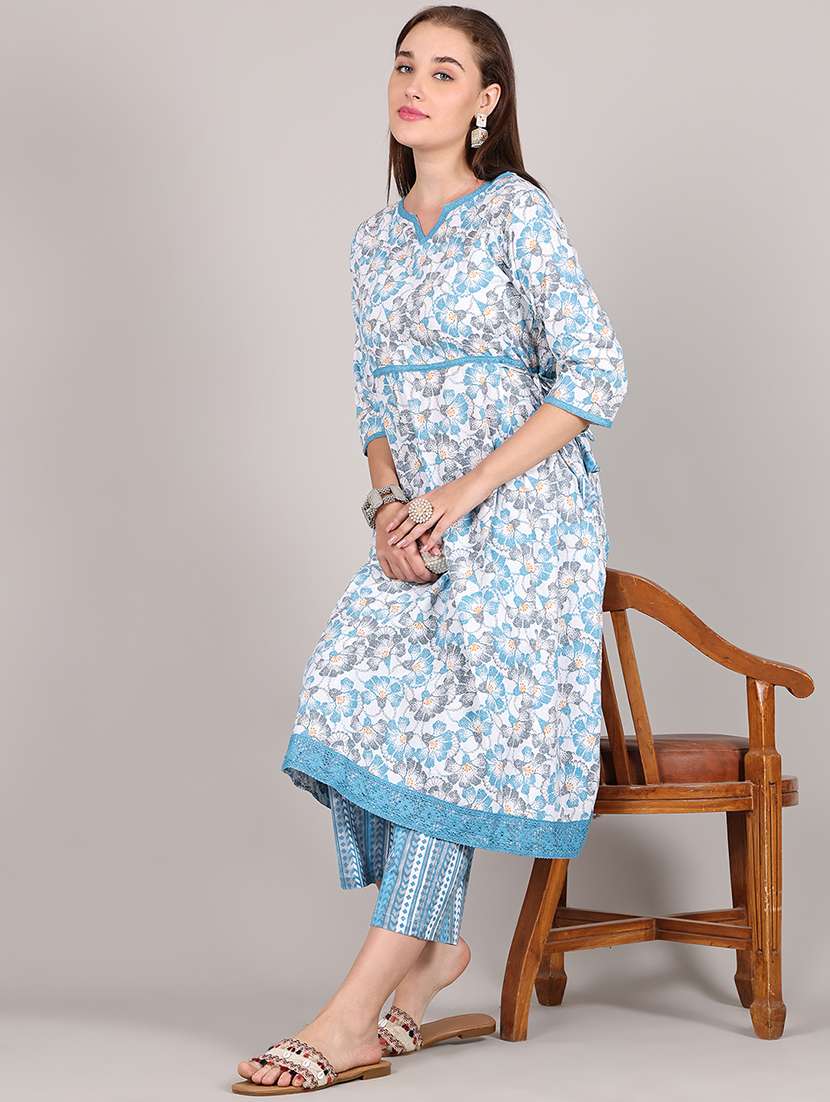 women floral printed three quarter sleeve kurta pant set