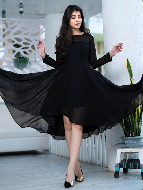 women black solid long sleeve fit & flare dress - 21996361 - Standard Image - 2