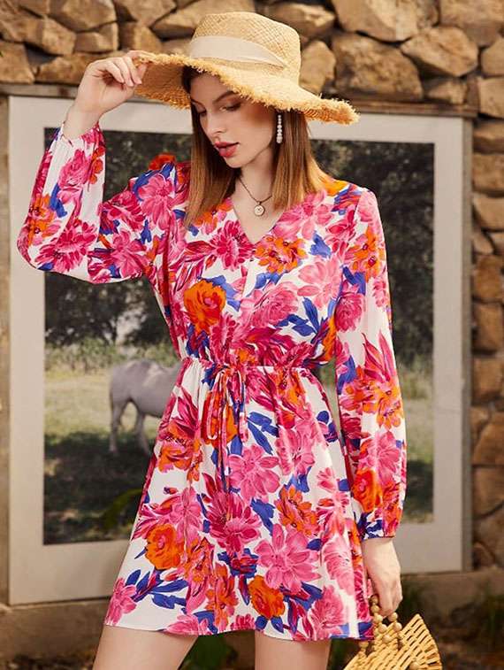women printed puff sleeve fit & flare dress - 21996362 - Standard Image - 2