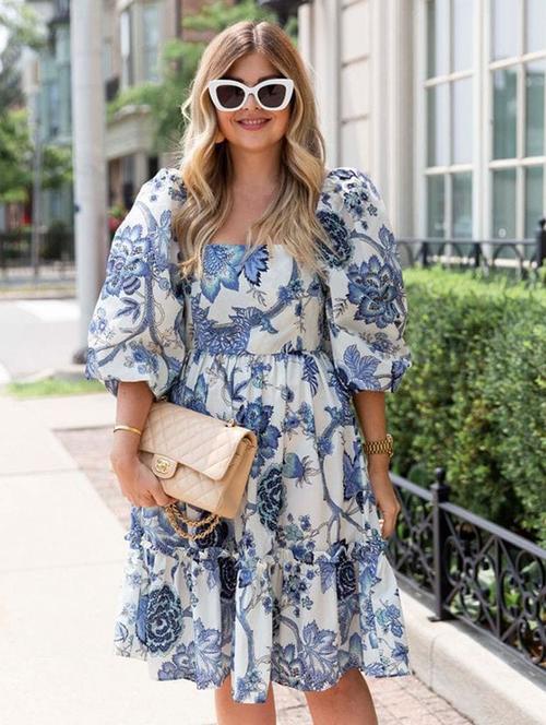 women floral print puff sleeve tiered dress - 21996363 - Standard Image - 0