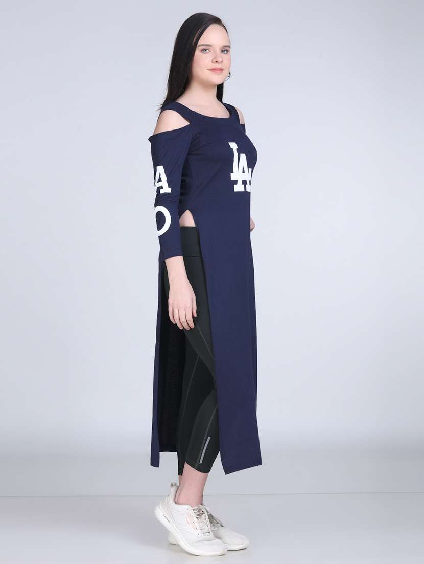 women typographic cold shoulder long top - 21996405 - Standard Image - 2