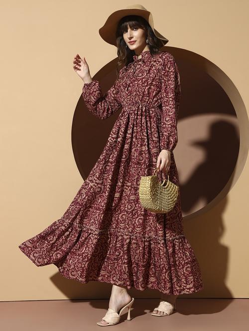 women printed puff sleeve tiered maxi dress - 21996415 - Standard Image - 0