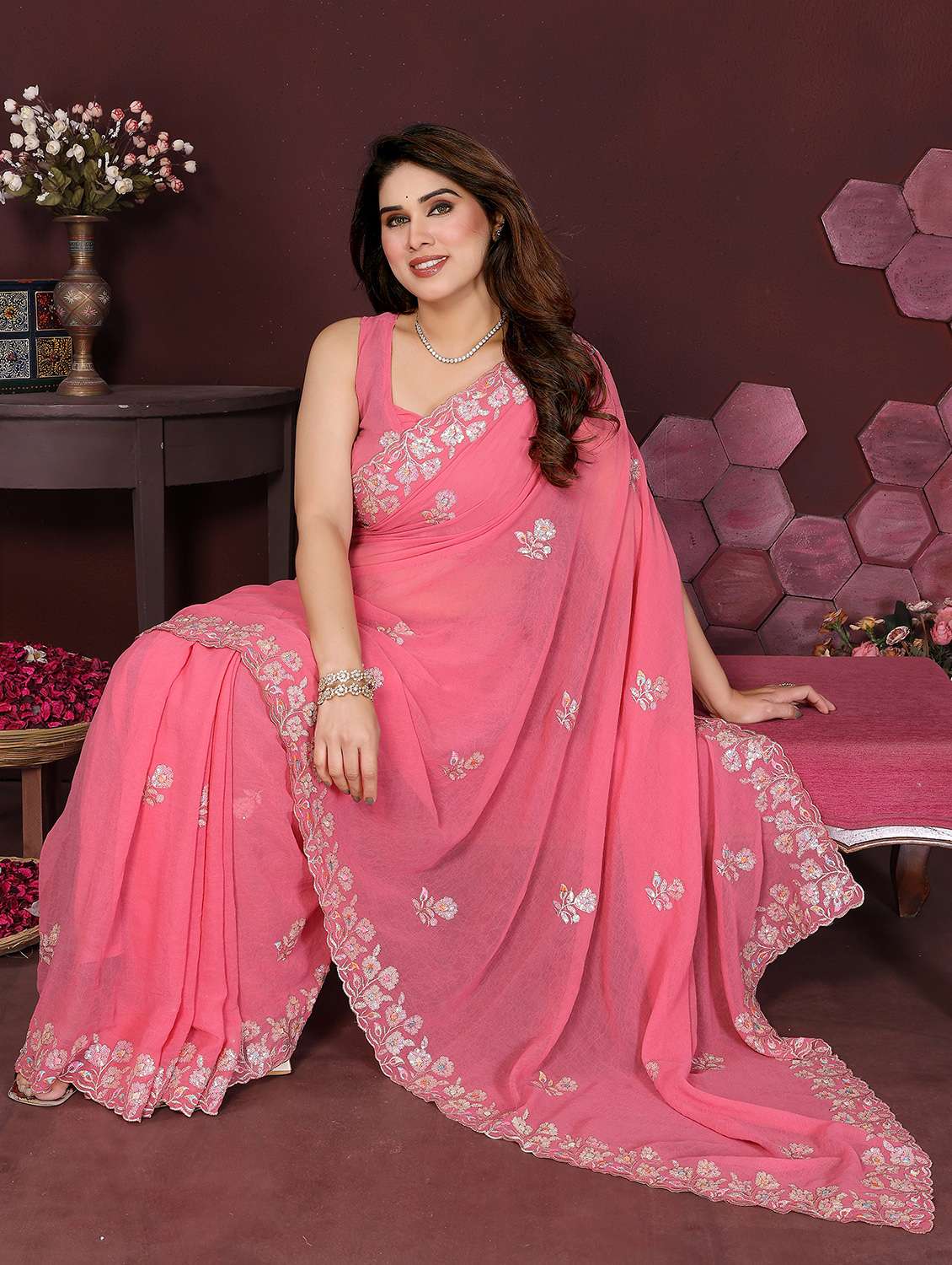 women solid with work embroidered saree with blouse - 21996417 -  Standard Image - 2