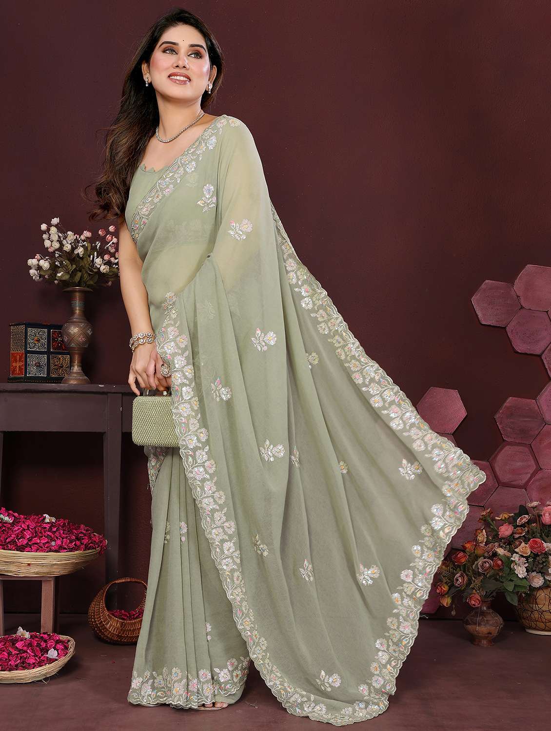women solid with work embroidered saree with blouse - 21996420 -  Standard Image - 2