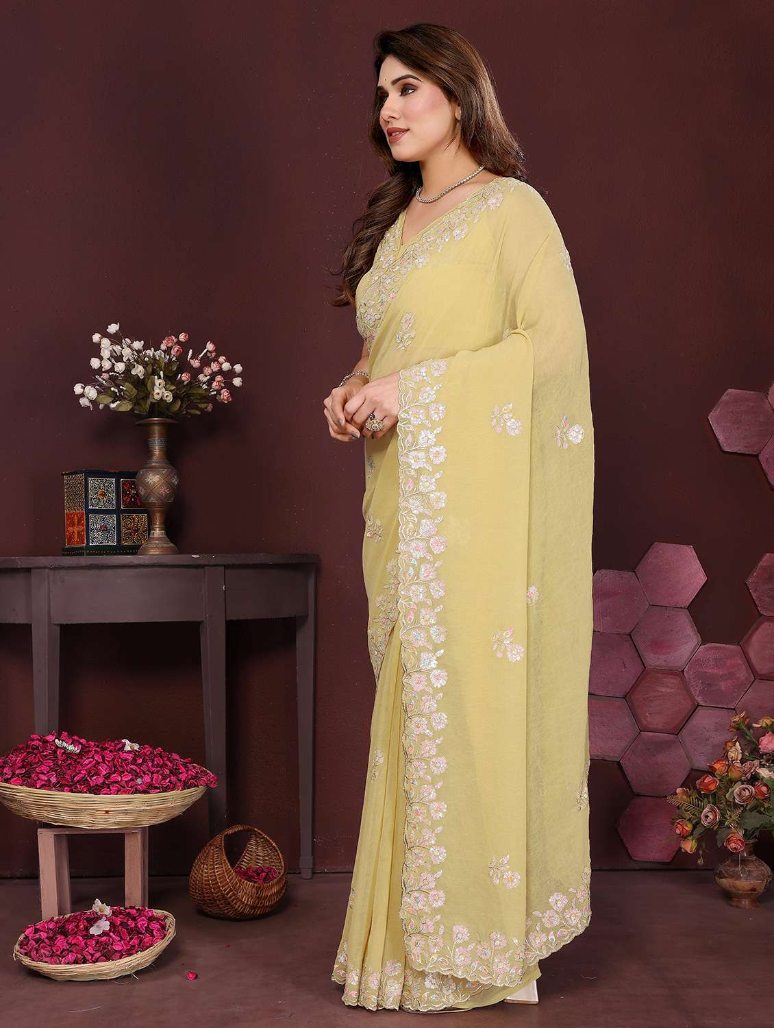women solid with work embroidered saree with blouse - 21996422 -  Standard Image - 2
