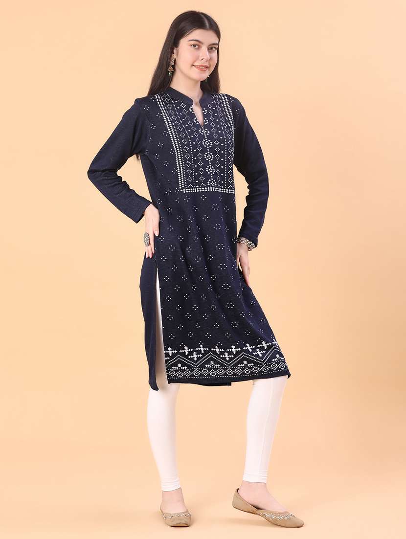 women self designed long sleeve straight woolen kurta - 21996573 -  Standard Image - 2