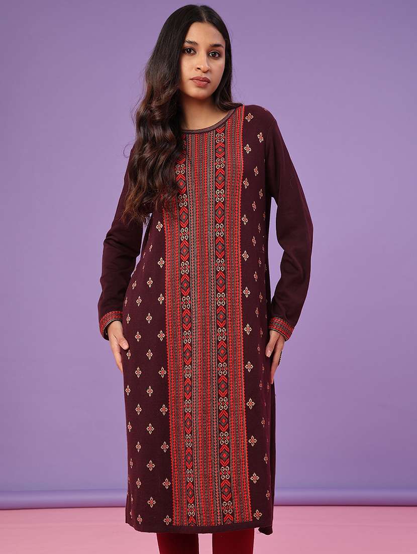 women self design long sleeve straight woolen kurta - 21996615 -  Standard Image - 2