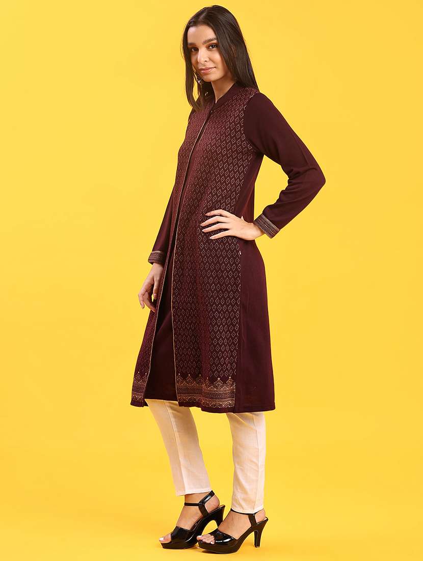 women self designed long sleeve straight woolen kurta - 21996677 -  Standard Image - 2