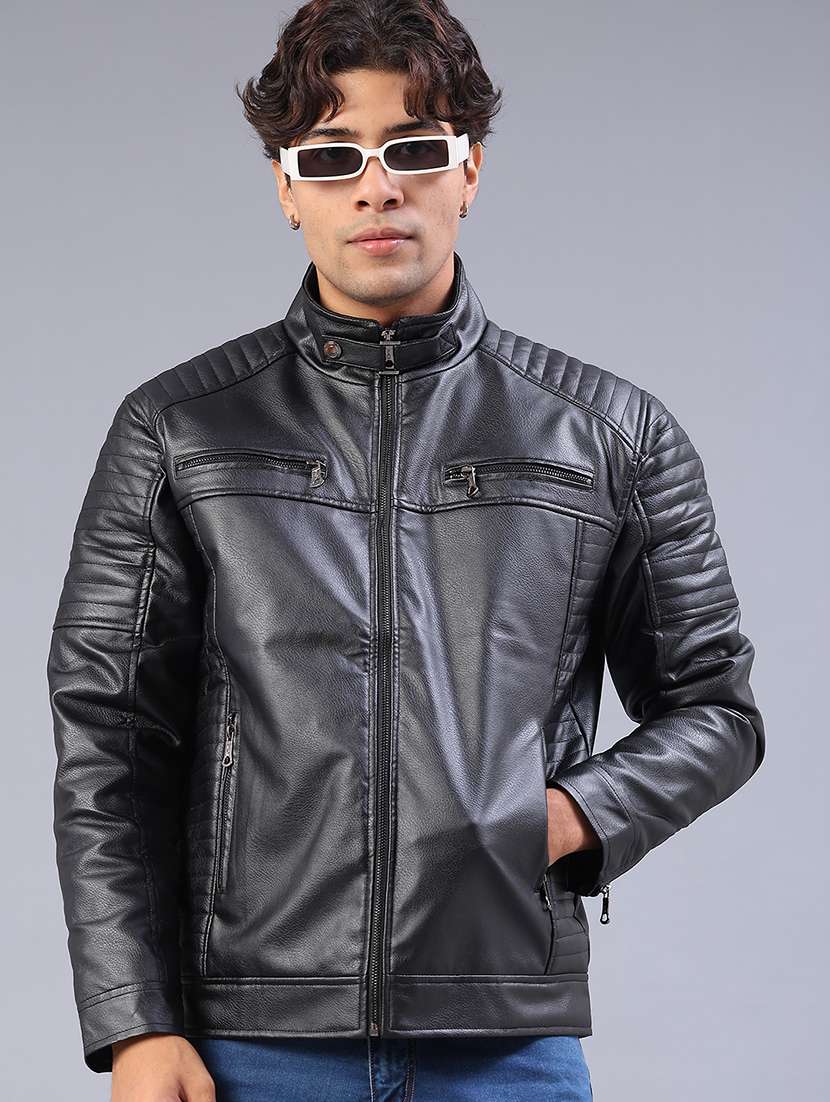 men solid long sleeve biker jacket