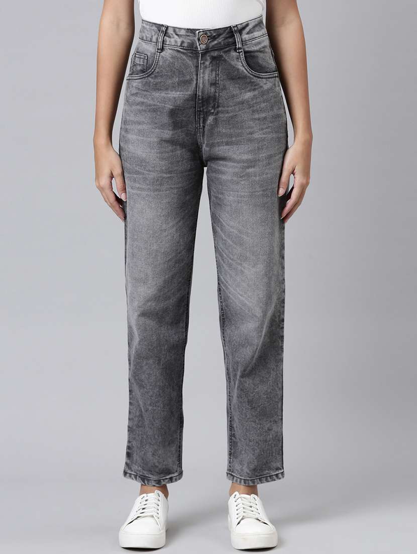 women solid high rise straight fit jean