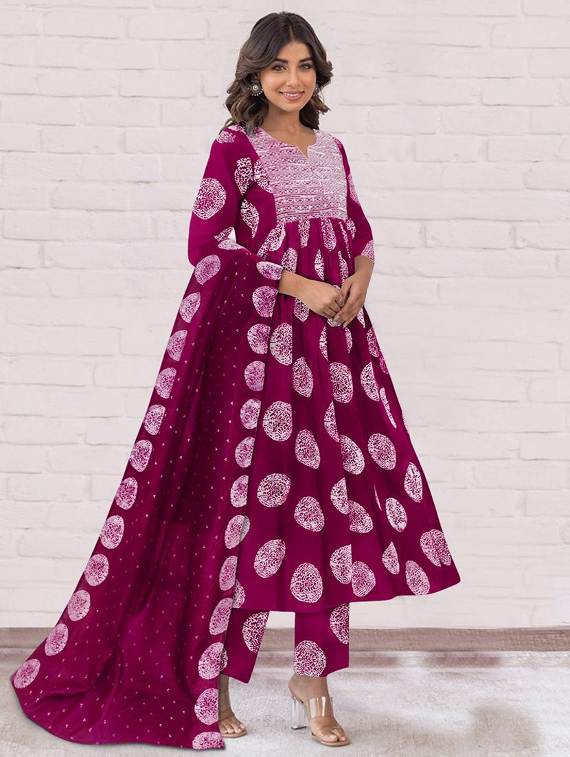 women printed three quarter sleeve anarkali kurta pant with dupatta set - 21997136 - Standard Image - 2