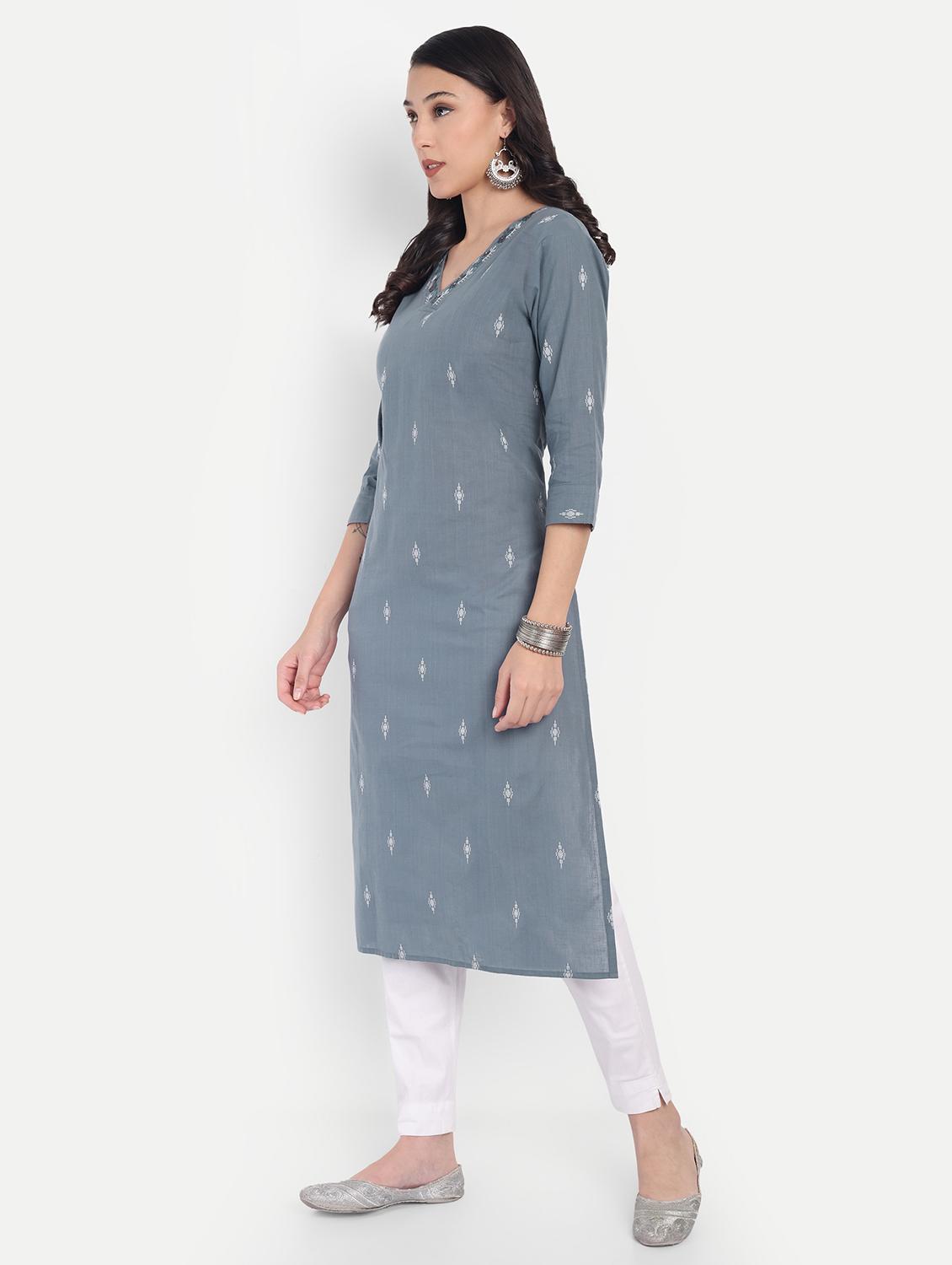 women self design three quarter sleeve straight kurta - 21997210 - Standard Image - 2