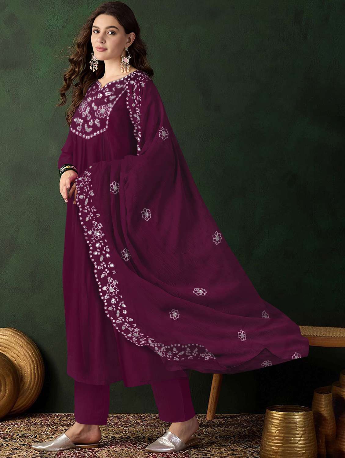 women solid with work long sleeve kurta pant with dupatta set - 21997228 - Standard Image - 2