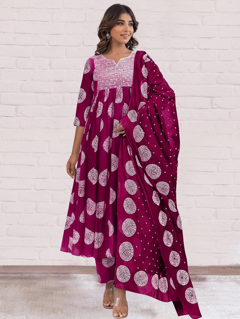 women printed three quarter sleeve anarkali kurta pant with dupatta set - 21997229 - Standard Image - 2