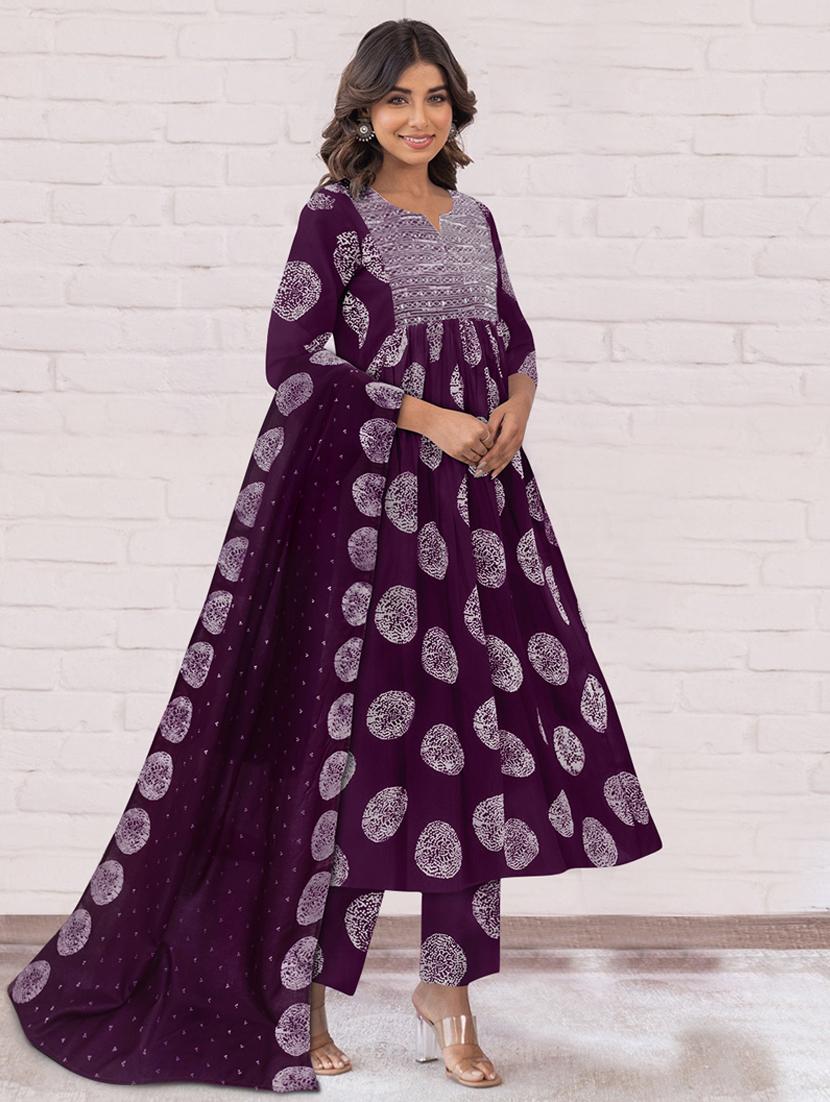 women printed three quarter sleeve anarkali kurta pant with dupatta set - 21997230 - Standard Image - 2