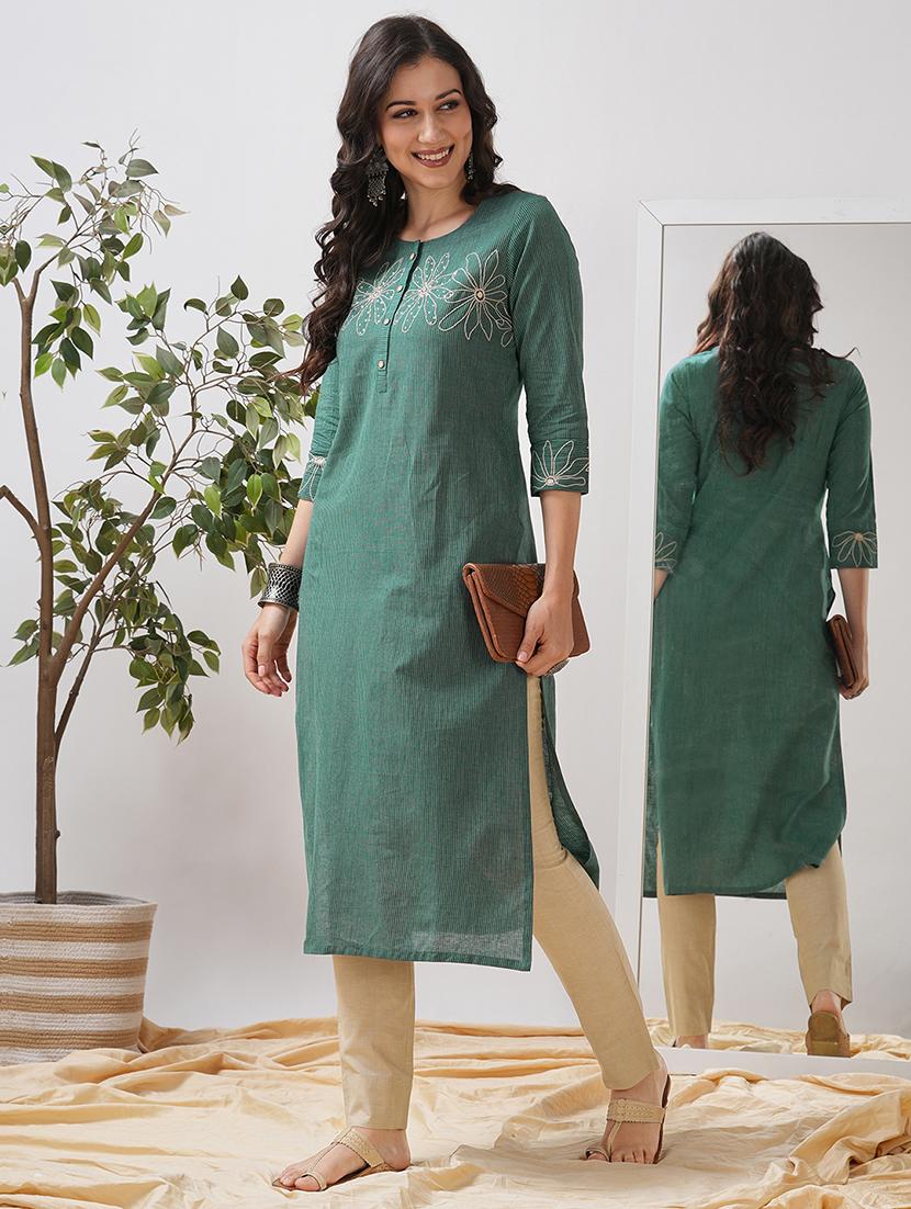 women striped three quarter sleeve straight kurta - 21997238 - Standard Image - 2