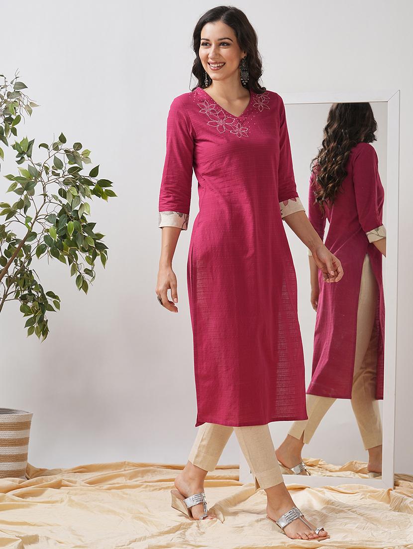 women self design three quarter sleeve straight kurta - 21997239 - Standard Image - 2