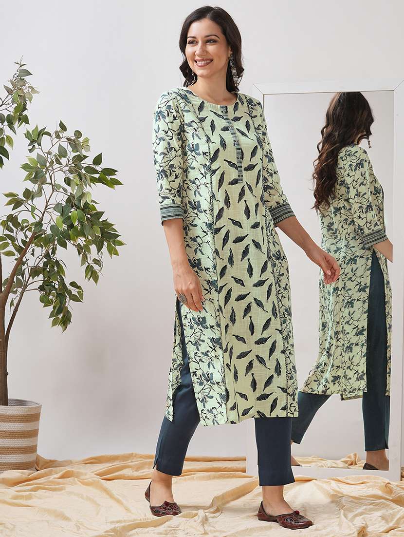 women floral printed three quarter sleeve straight kurta - 21997243 -  Standard Image - 2