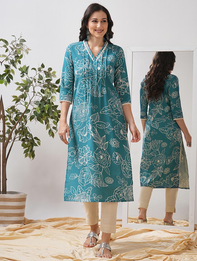 women floral printed three quarter sleeve a-line kurta - 21997245 - Standard Image - 2
