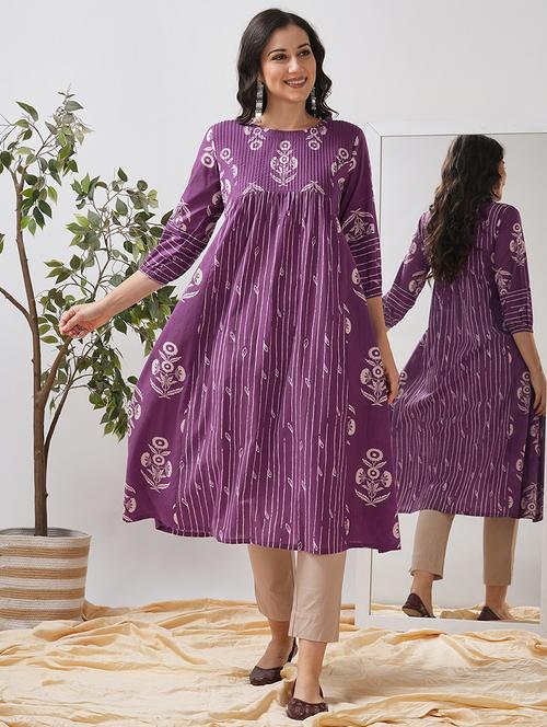women floral printed three quarter sleeve flared kurta - 21997251 -  Standard Image - 0