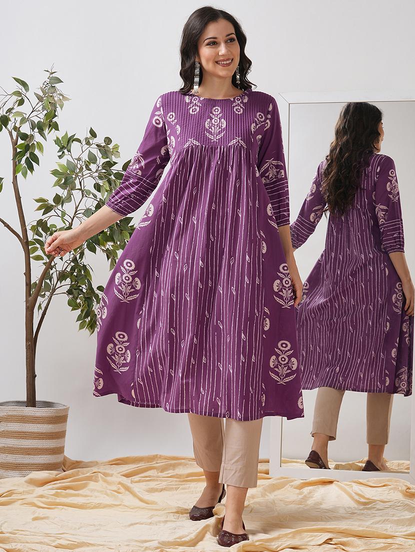 women floral printed three quarter sleeve flared kurta - 21997251 -  Zoom Image - 0