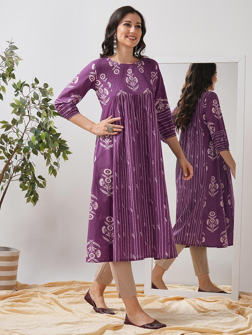 women floral printed three quarter sleeve flared kurta - 21997251 - Standard Image - 2