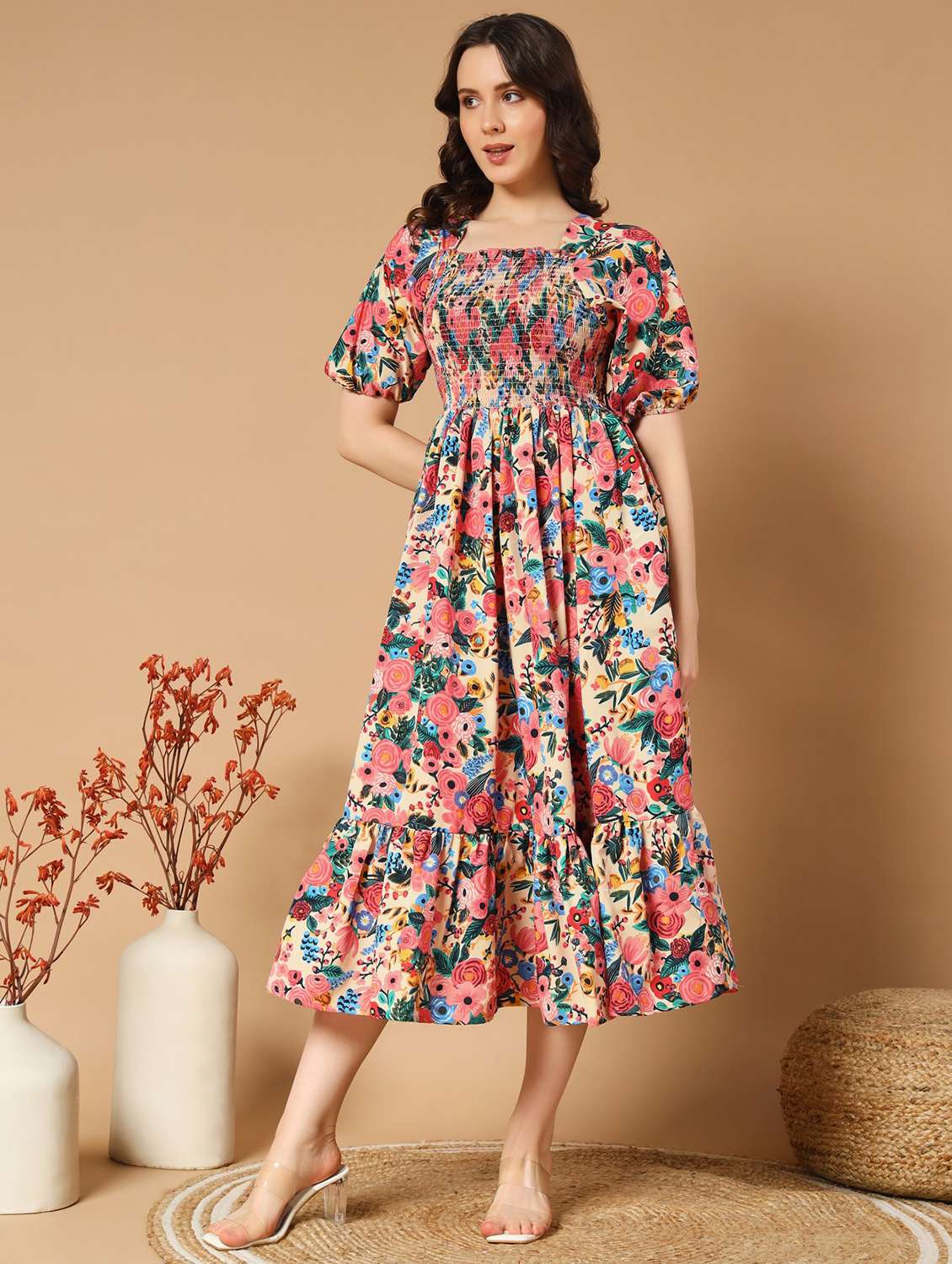 women floral printed puff sleeve tiered dress - 21997283 -  Zoom Image - 0