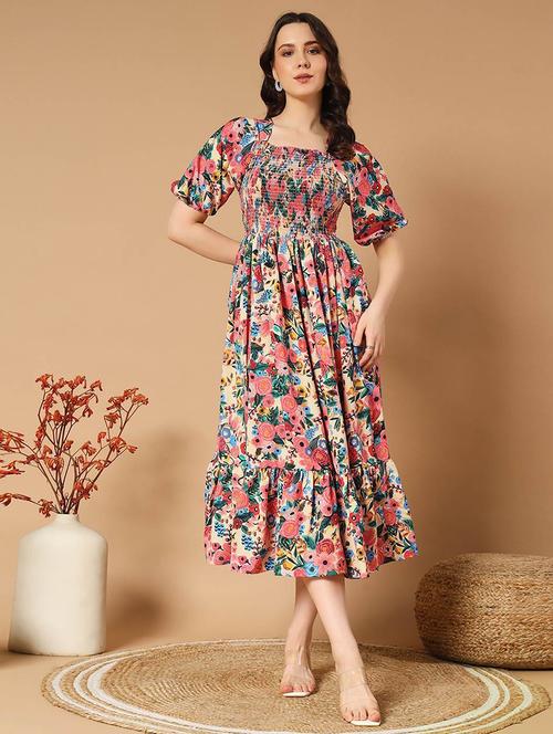 women floral printed puff sleeve tiered dress - 21997287 - Standard Image - 0