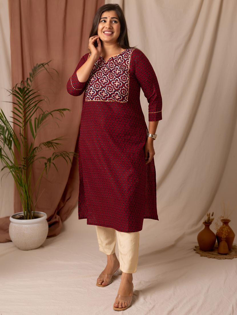 women printed three quarter sleeve straight kurta - 21997304 - Standard Image - 2