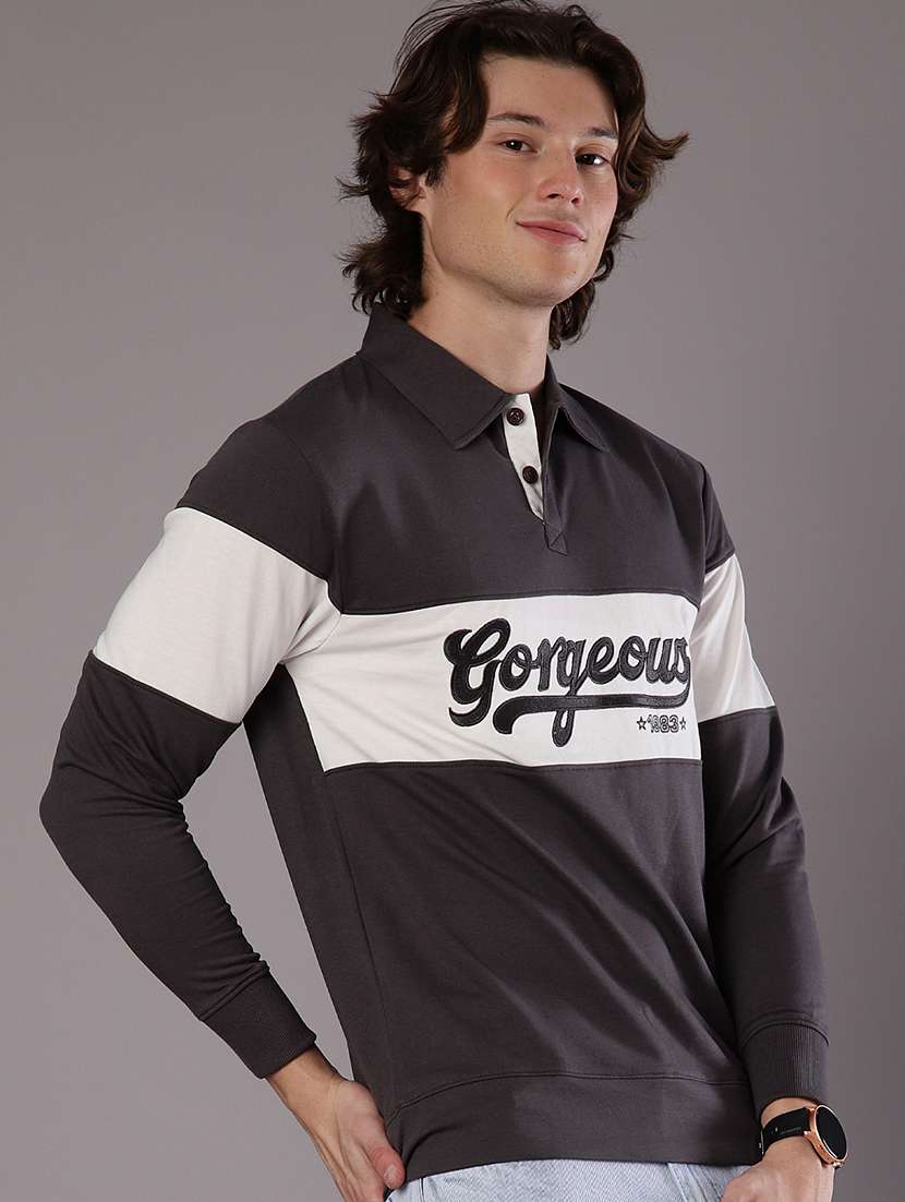 men chest print long sleeve slim fit polo t-shirt 