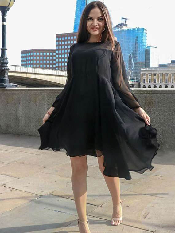 women black solid long sleeve fit & flare dress - 21997788 -  Standard Image - 2