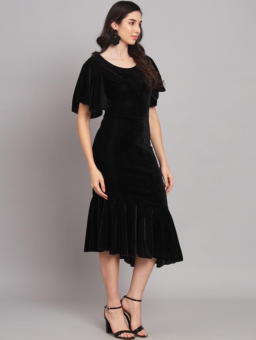 women solid flared sleeve velvet tiered dress - 21997833 - Standard Image - 2