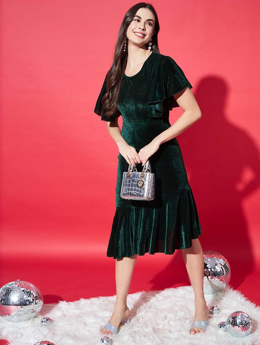 women solid flared sleeve velvet tiered dress