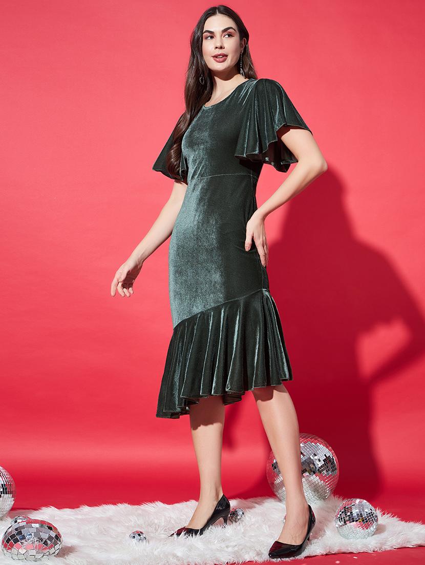 women solid flared sleeve velvet tiered dress - 21997835 - Standard Image - 2