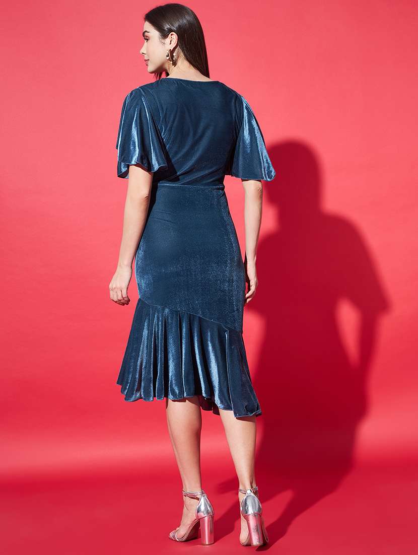 women solid flared sleeve velvet tiered dress - 21997837 - Standard Image - 2