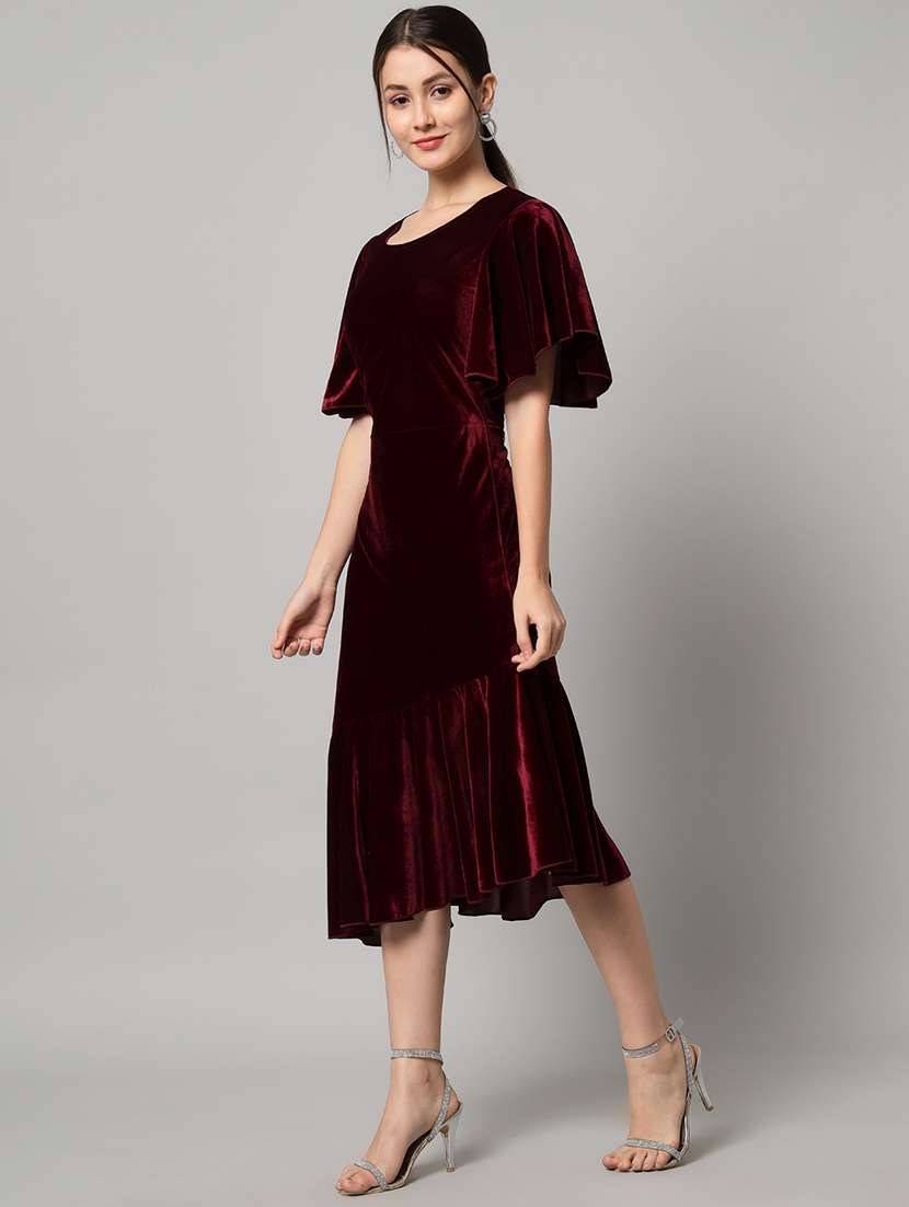 women solid flared sleeve velvet tiered dress - 21997838 -  Standard Image - 2